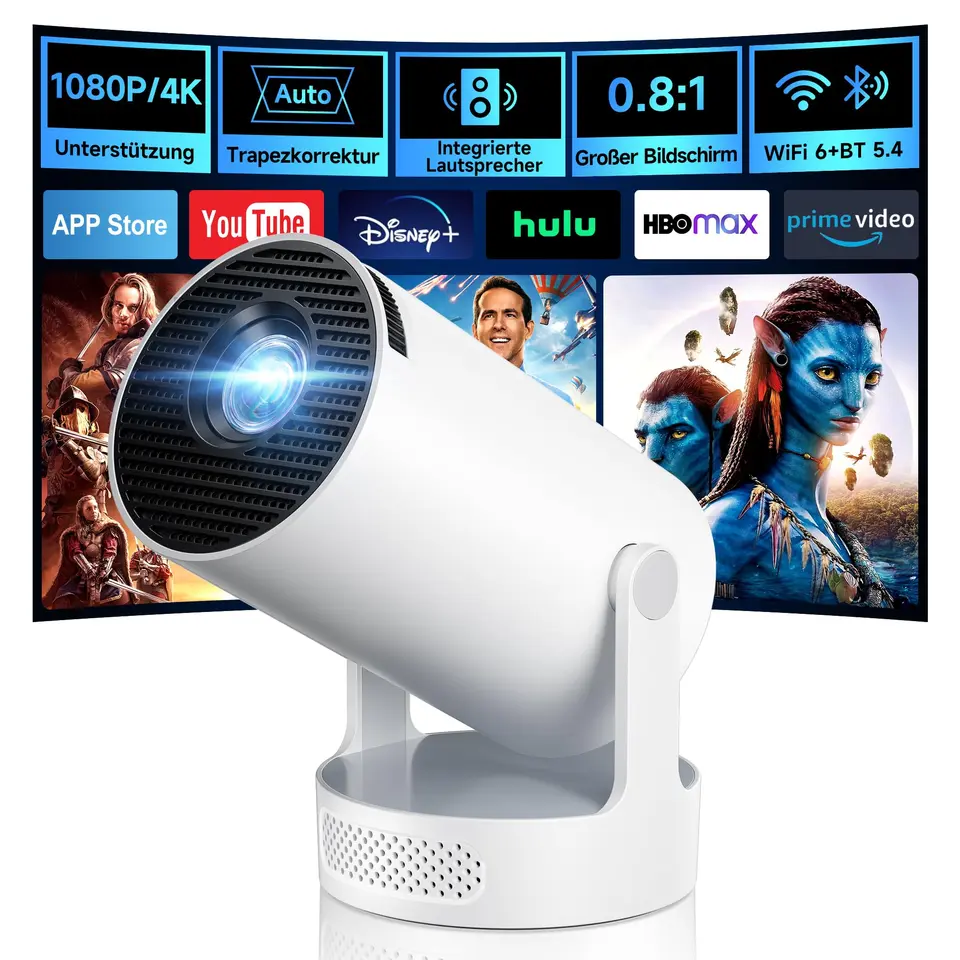 Mini Beamer, Philoent Smart Projektor 4K/1080P, WiFi 6, Bluetooth 5.4, automatische Trapezkorrektur, ultrakurzdistanz, für großes Bild im kleinen Raum