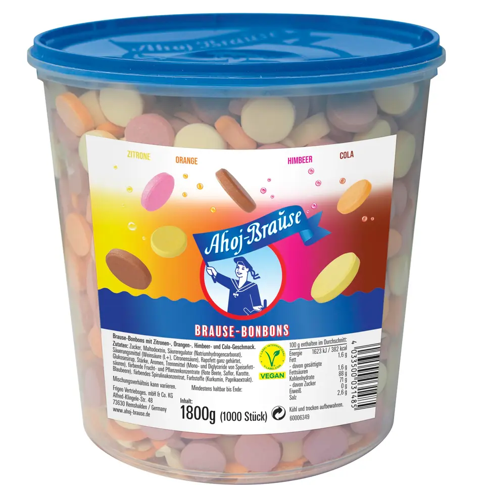 Frigeo Ahoj-Brause, Klassiker: runde Bonbons in Zitrone, Orange, Himbeere & Cola, 1000 Stück im Eimer (1,8kg)