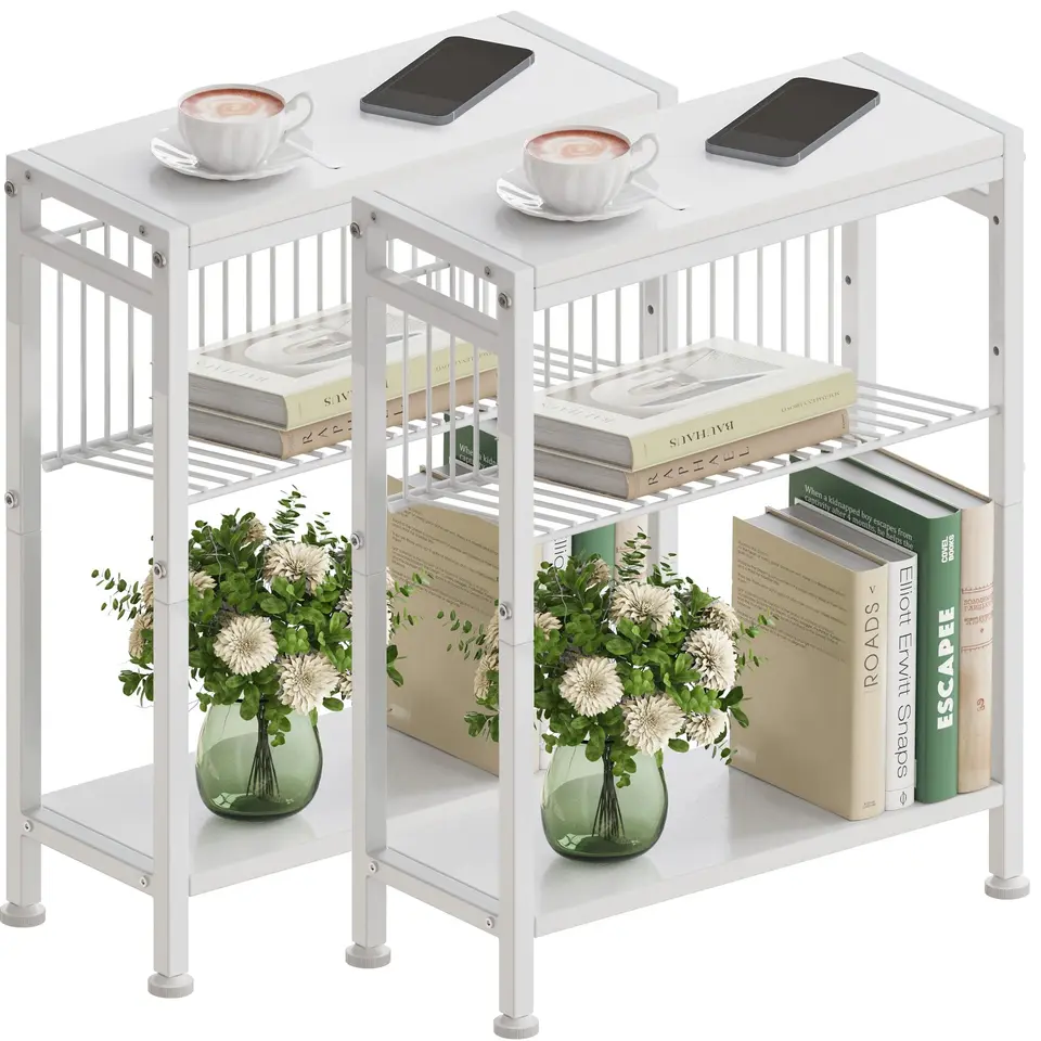 Vantimo Beistelltisch mit 3 Ablagen, Zeitschriftenhalter, klein für Wohnzimmer, Schlafzimmer, Küche & Balkon, Arbeitszimmer (2 x Weiß)