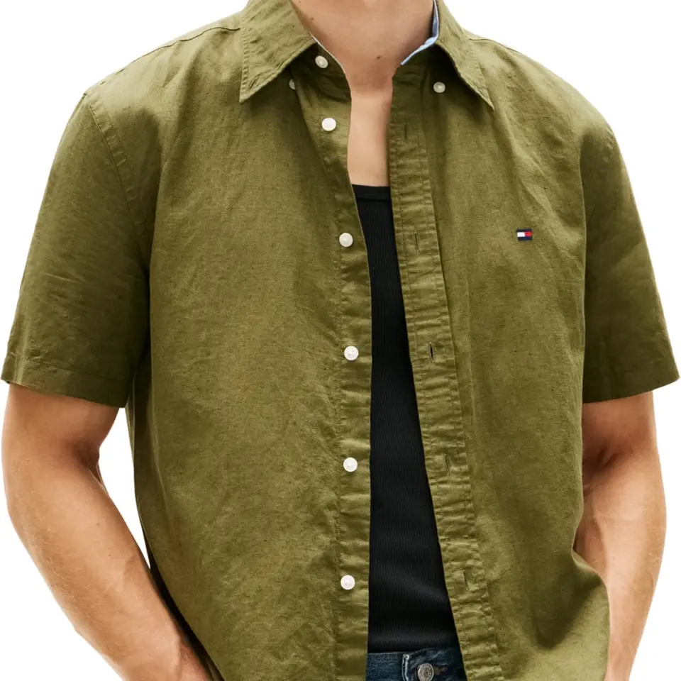 Tommy Hilfiger Herren Hemd Linen Blend Kurzarm, Grün (Dark Artichoke), S
