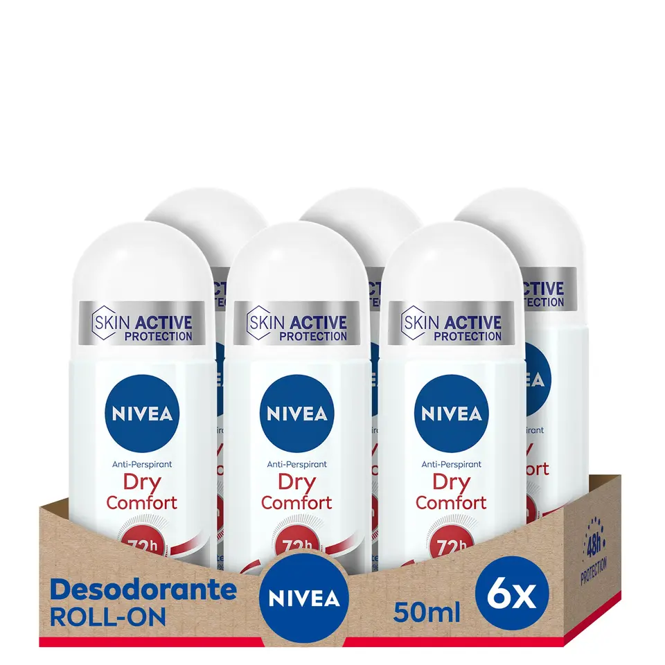 NIVEA Dry Comfort Roll-On für Frauen, 6er Pack (6 x 50 ml), 72h Schutz, Antitranspirant Deo