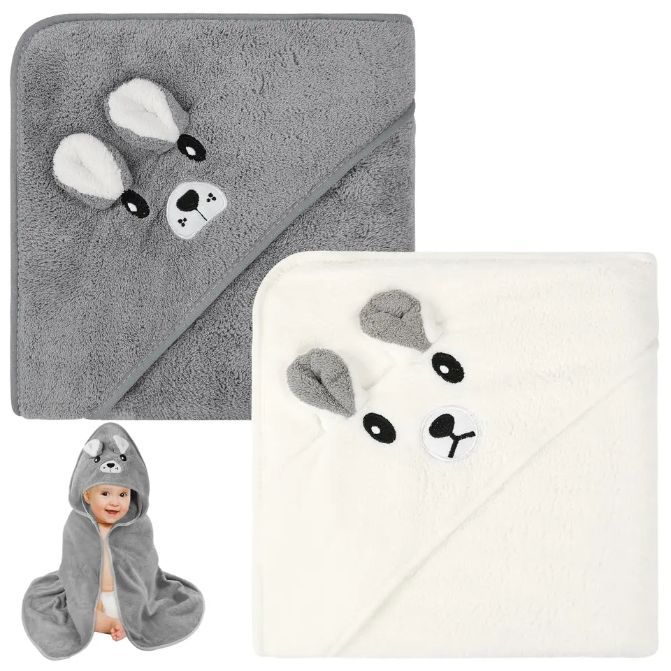 Baby Kapuzenhandtuch Set 80 x 80 cm, 2 Stück Weiß + Grau, Bademantel aus Korallenvlies für Neugeborene & Säuglinge