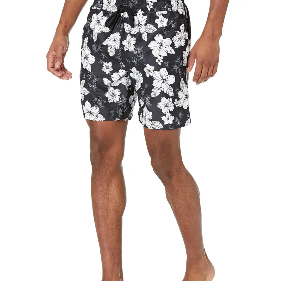 Amazon Essentials Herren Badeshorts Kurz mit Netzfutter, Taschen und Kordelzugverschluss, Schwarz Hibiskusblume, M