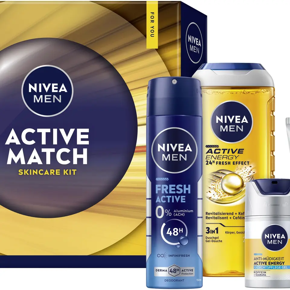 NIVEA MEN Active Match Geschenkset – Geschenkbox mit Duschgel, Deo Spray, Feuchtigkeitspflege & Waschgel