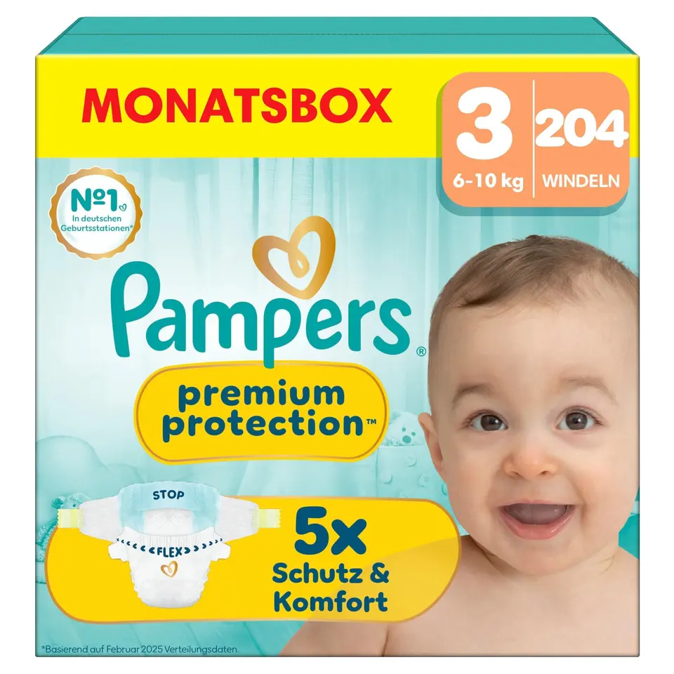 Pampers Premium Protection Größe 3, 204 Windeln, 6kg-10kg - Haut- und Auslaufschutz