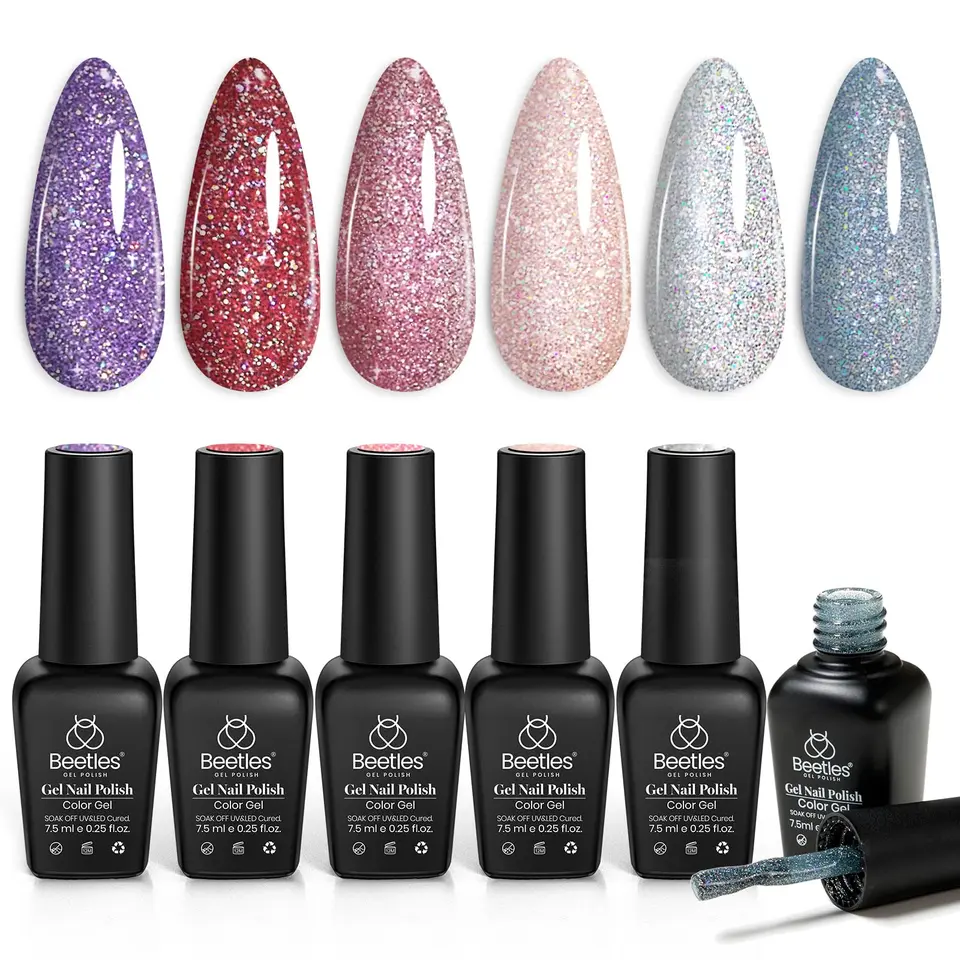 Beetles 6 Farben UV Gel Nagellack Set - Pink, Lila, Silber Glitzer