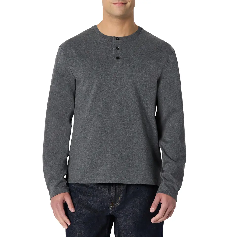 Amazon Essentials Herren Langarm-Henleyshirt aus 100 % Baumwolle, Dunkelgrau Meliert, L