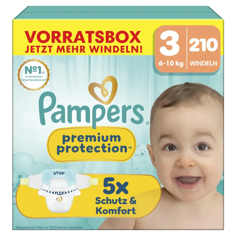 Pampers Premium Protection Größe 3, 210 Windeln, 6kg-10kg, Haut- und Auslaufschutz