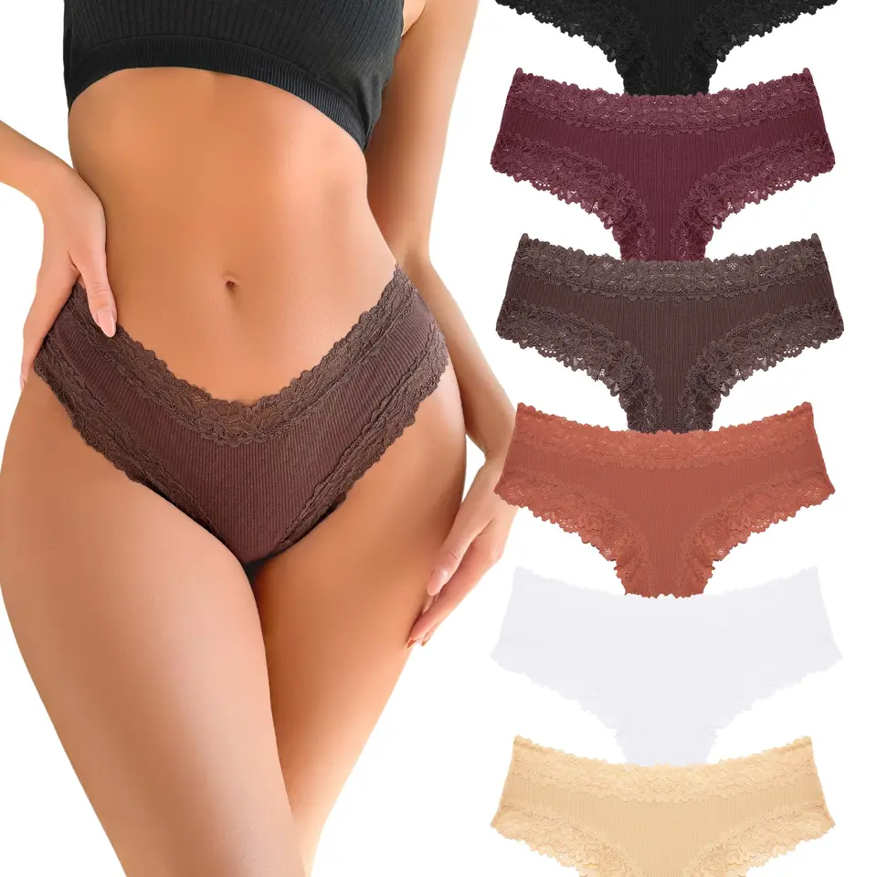 FINETOO Damen Unterhosen Baumwolle Spitze Brazilian Slip 6er Mehrpack