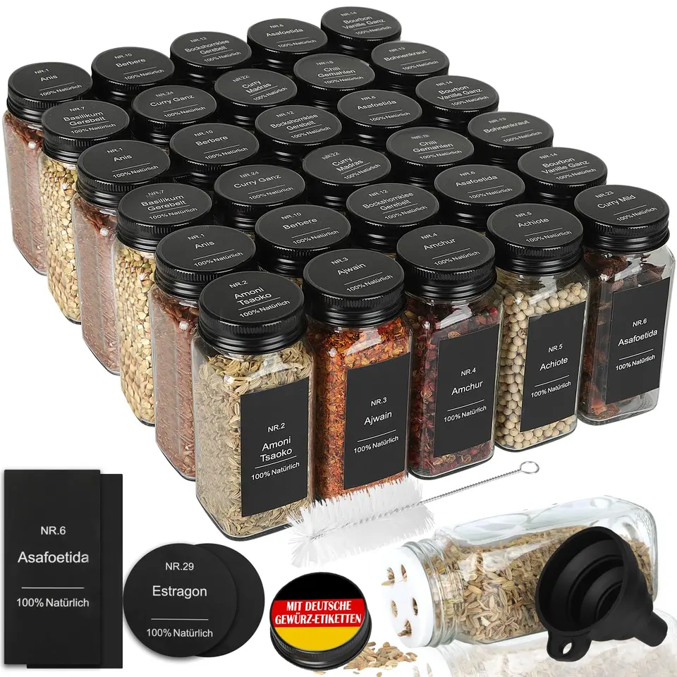 30er Set Gewürzgläser – Eckig mit Streueinsatz, 120ml, luftdicht, Schwarz, inklusive 324 wasserfeste Labels, Gewürzbehälter, Glas Organizer