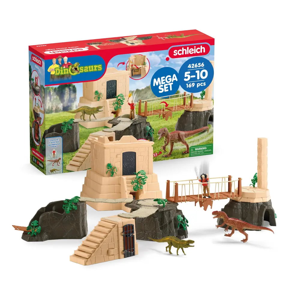 Schleich Dinosaurs 42656 – Dino Tempel-Eroberung Mega-Set mit Flynn, 2 Dinos und Schatz – Spielzeug ab 5 Jahren