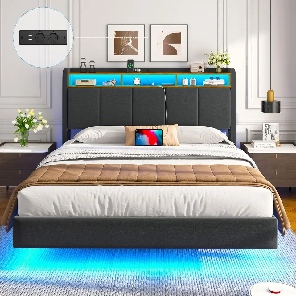 Brinlawb Polsterbett 140x200 cm mit LED-Beleuchtung, Kopfteil, Ladestation (2 Steckdosen, 2 USB), Stauraum, Modernes Doppelbett, Grau