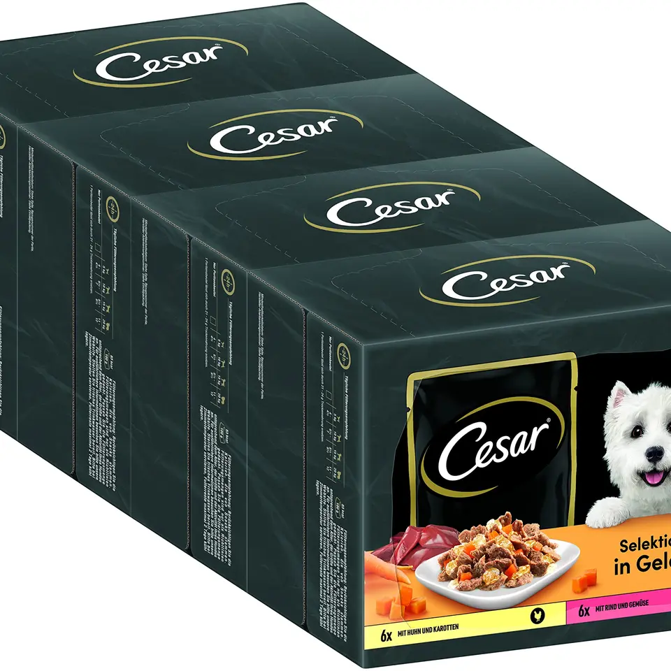 CESAR Adult Hundefutter nass - 4x12x100g Beutel mit Huhn & Rind, in Gelee – Ausgewogenes Premium Nassfutter für Hunde