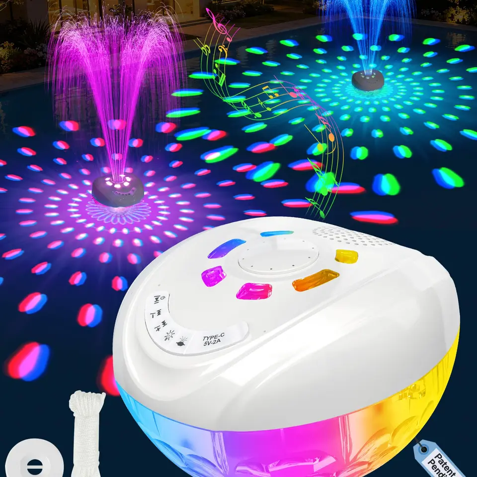 Luxfero 3-in-1 Pool Lautsprecher mit LED & Springbrunnen, Wasserdichter Bluetooth Lautsprecher IP68, Pool Musikbox