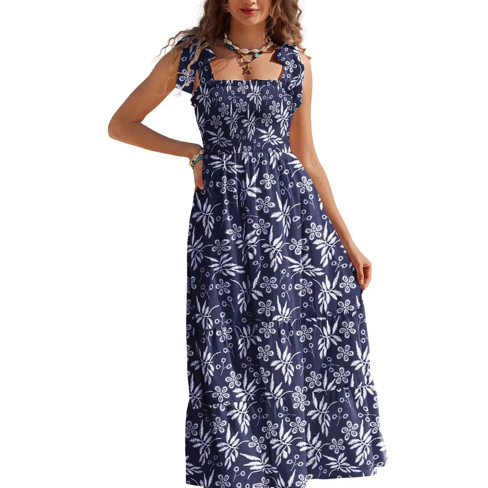 Damen Sommerkleid Ärmellos Spaghettiträger Böhmisch Maxikleid Strandkleid A-Line Marineblau
