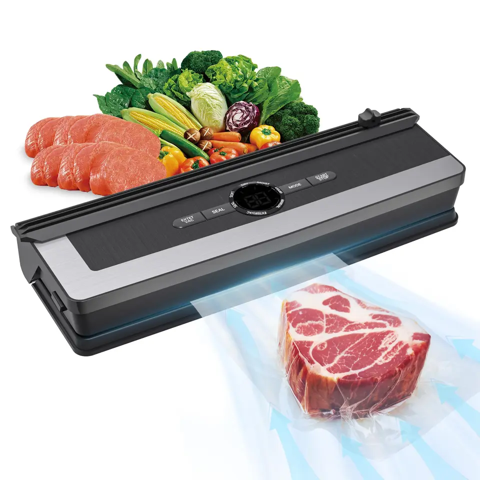 ENCE 5-in-1 Vakuumiergerät mit Schneidefunktion, Digitaltimer & LED-Display, inkl. 5 Beutel für Fleisch, Fisch, Gemüse & Vorrat