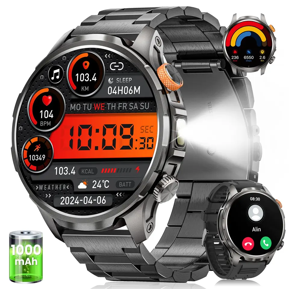 BANLVS Herren Smartwatch mit LED Taschenlampe, 1000mAh Akku, Schwarz