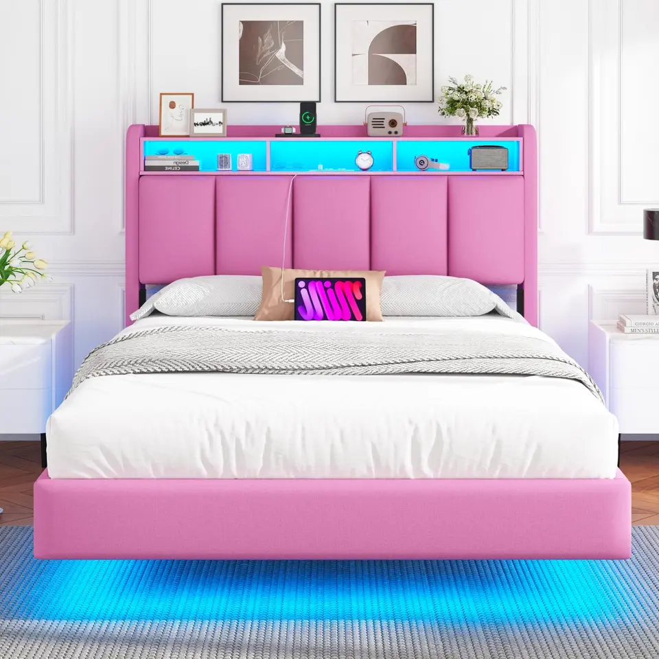 Brinlawb Polsterbett 140x200 cm mit LED-Beleuchtung, Kopfteil, Ladestation ("2 AC-Steckdosen, 2 USB-Ports"), Stauraum, Rosa
