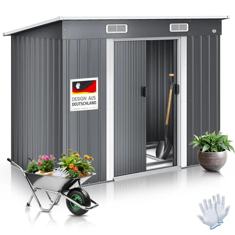 Geräteschuppen Gartenhaus KESSER® - Metall, 4 m³, 194x112x181 cm, mit Fundament und 2 Schiebetüren, inkl. Arbeitshandschuhe, Grau