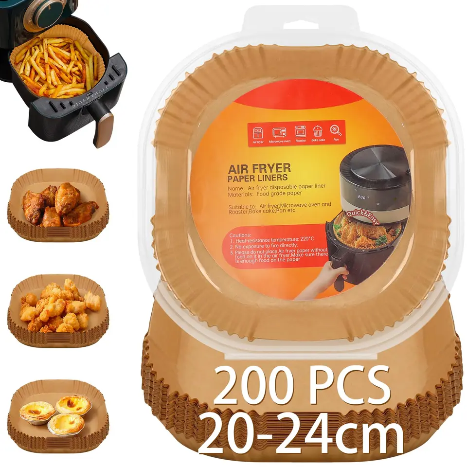 Owelth Backpapier für Heißluftfritteuse 20-24cm, 200 Stück, antihaftbeschichtet, ölfest, Einweg, geeignet für Ofen, Mikrowelle