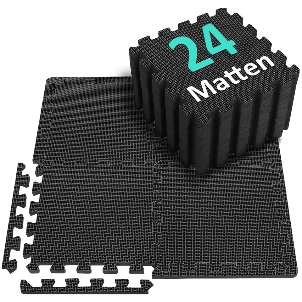 Bodenschutzmatte Fitness Set 31x31cm - 24 Puzzlematte aus EVA, rutschfest, für Fitnessraum, Outdoor & Pool, Schwarz