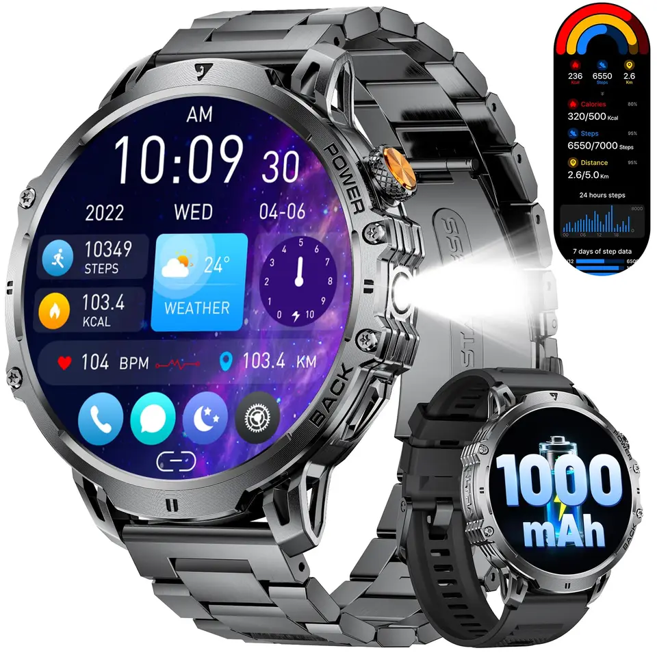 LIGE Militär-Smartwatch Herren, 1,85" HD Touchscreen, IP68 wasserdicht, Herz-/Schlaftracking, 110+ Sportmodi, 2 Armbänder, Schwarz