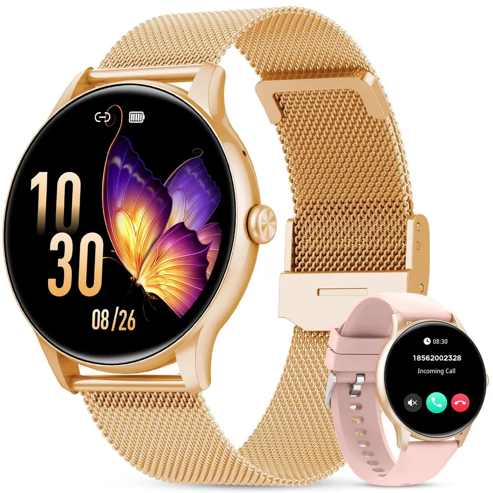 Elegante Damen-Smartwatch mit Telefonfunktion, 1,39" Voll-Touch, Fitness-Tracker, IP68, Herzfrequenz, SpO2, Schlafmonitor, Rotgold