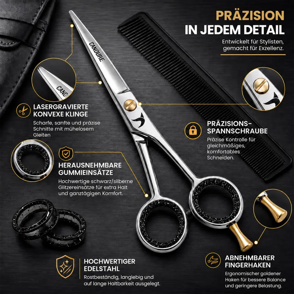 Candure Friseurschere 6,5 Zoll - Professionelle Haarschneideschere mit Kamm & Lederetui für Friseure, Männer, Frauen & Kinder