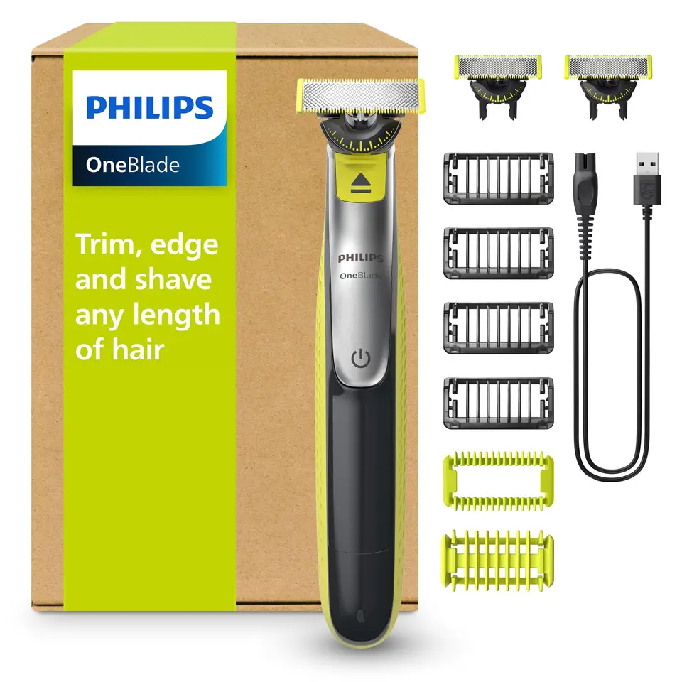 PHILIPS OneBlade 360 Face & Body - elektrischer Rasierer, Trimmer & Bodygroomer, 3x Klingen, 4x Trimmaufsätze, Nass- & Trockenrasur für Gesicht & Körper