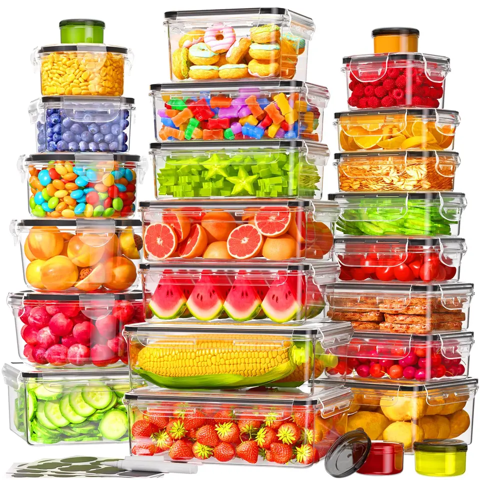 Frischhaltedosen mit Deckel, 50 Teile Set - Vorratsbehälter & -Deckel, Aufbewahrungsware für Küche & Meal Prep, auslaufsicher, mit Etikettenpapier & Stift