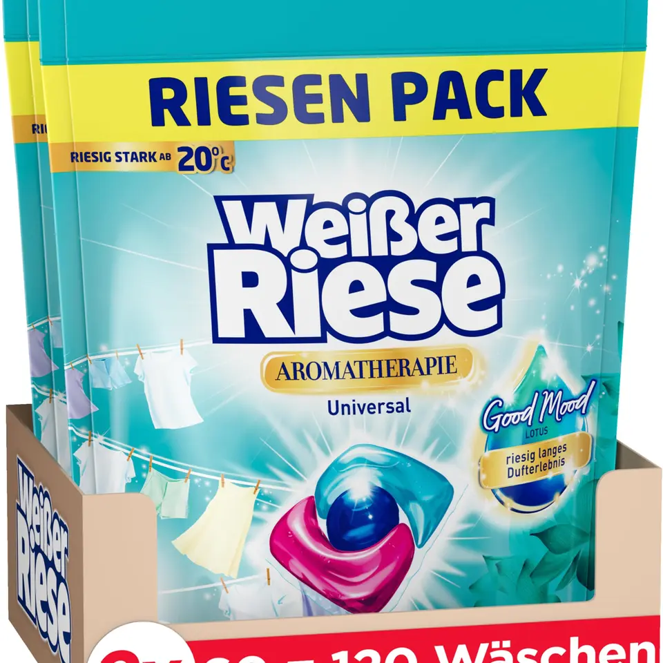 Weißer Riese Universal Trio-Caps Aromatherapie Lotus, 120 Waschladungen, Waschmittel mit Good Mood-Duft, 100% recycelbar