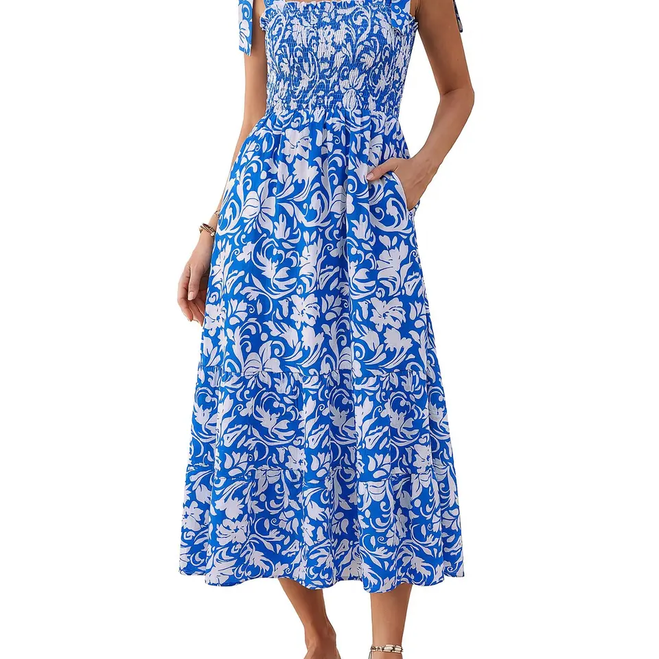 Damen Sommerkleid Ärmellos Spaghettiträger Böhmisch Maxikleid Strandkleid A-Linie Blau Blumen