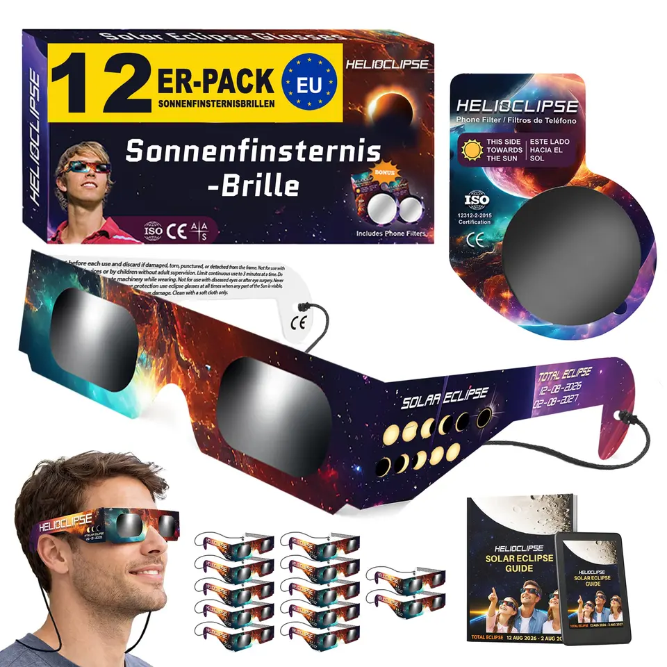 Helioclipse 12x Sonnenfinsternis Brille ISO 12312-2 Zertifiziert 2026 - Schutzbrille für Sonnenfinsternis mit 2x Smartphone-Filter