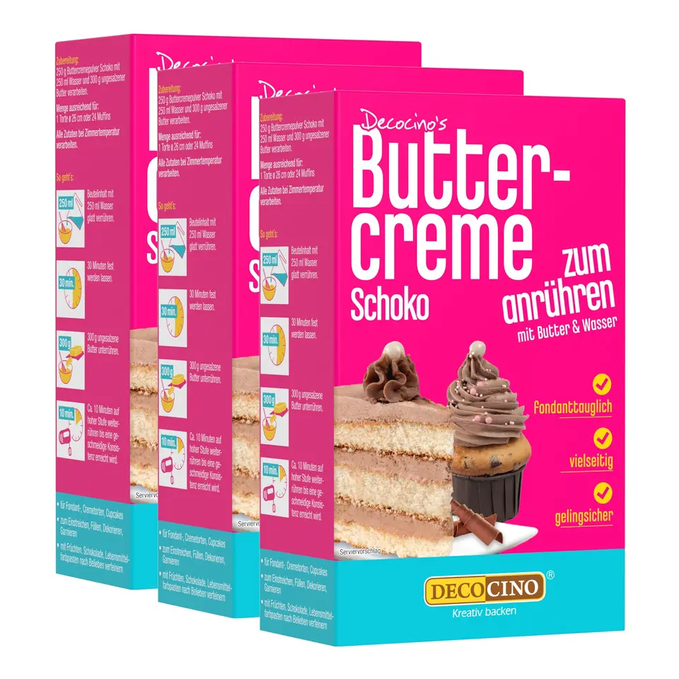 DECOCINO Schoko Buttercreme Fertigmischung 3x 250 g Tortencreme