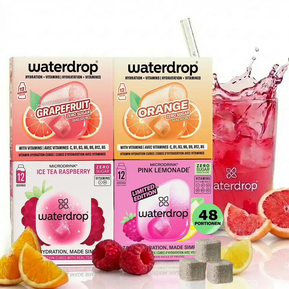 waterdrop® Limonaden Set – 48 Würfel in 4 Sorten – Zuckerfreier Durstlöscher & Geschmack für Wasser – Flavour Drops