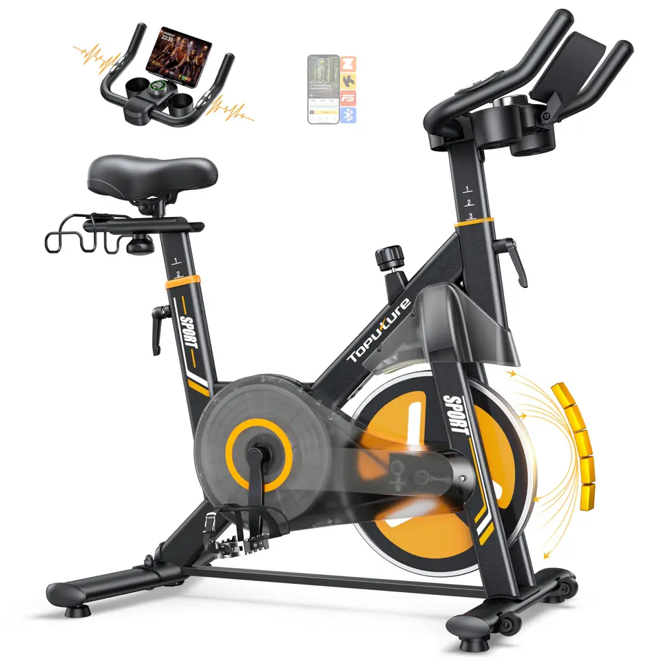 Toputure Heimtrainer Fahrrad mit LED-Touchscreen, App, Herzfrequenzmessung, 32 Magnetwiderstand, Dopp. Flaschenhalter, Langhantelständer, bis 150kg