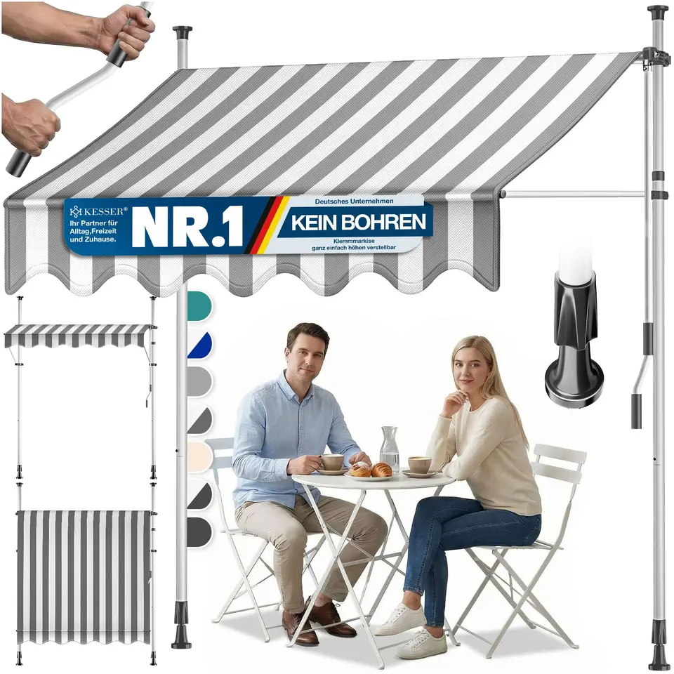 KESSER® Klemmmarkise mit Handkurbel, höhenverstellbar, wasserabweisend, 150cm Balkon- & Terrassen-Sonnenschutz
