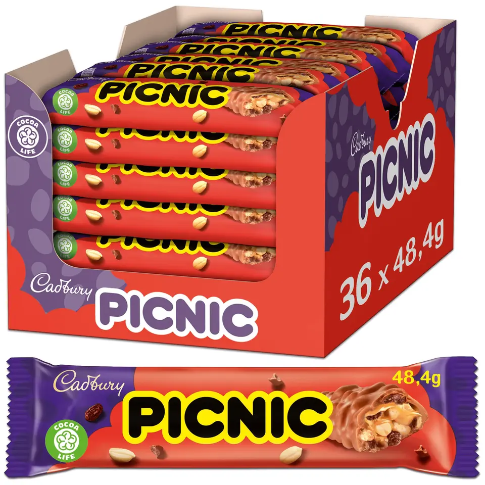 Cadbury PICNIC Schokoladenriegel mit Erdnüssen, Rosinen & Karamell - 36 x 48,4g