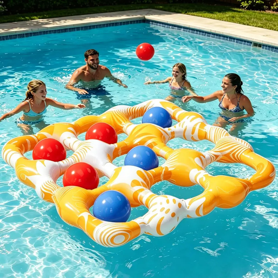 Aufblasbares Pool Spielzeug Set: Riesiges schwimmendes Tic-Tac-Toe mit 10 Bällen für Erwachsene & Kinder