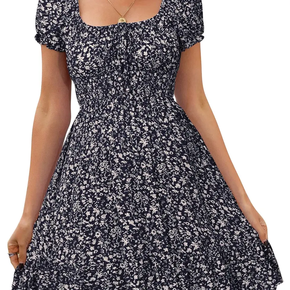 Livonmone Damen Sommerkleid mit Blumendruck, hohem Taillenschnitt, Puffärmeln, Retro-Design, kurz und lässig, Marine, M