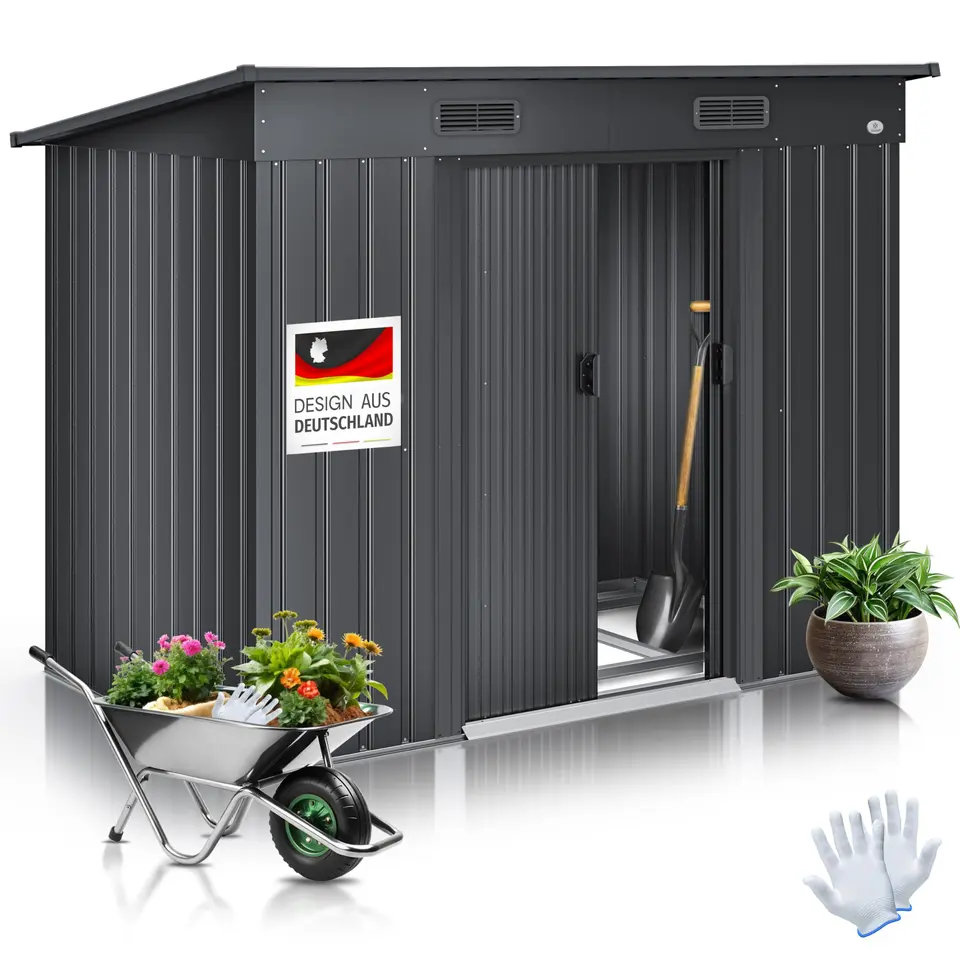 KESSER® Metall Gerätehaus 4 m³ mit Fundament, 194x112x181 cm, Pultdach, 2 Schiebetüren, inkl. Arbeitshandschuhe, Anthrazit