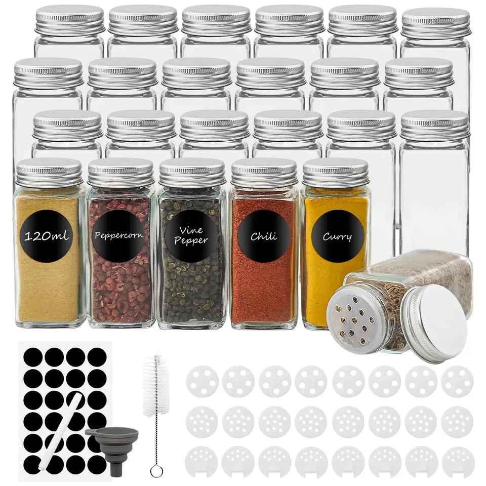 Withosent Gewürzgläser 24er Set, 120ml, mit Schraubkappen, Streueinsatz, Etiketten, Trichter & Bürste