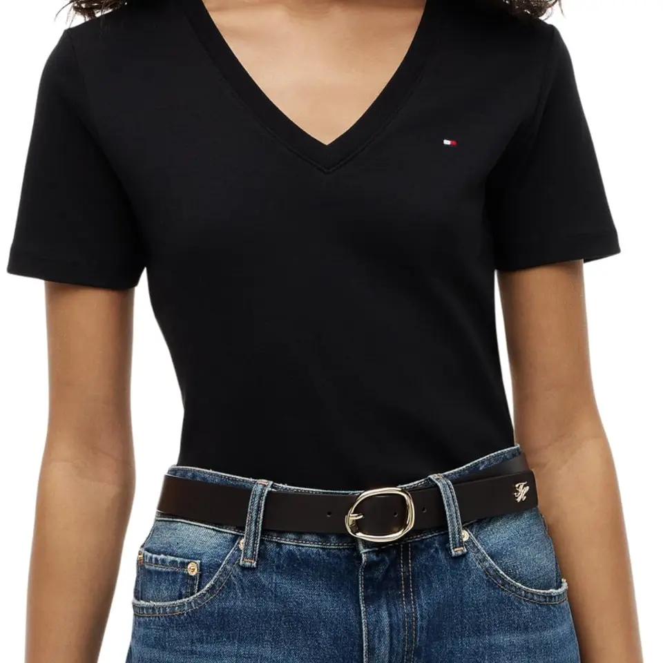 Tommy Hilfiger Damen T-Shirt Kurzarm New Slim Cody mit V-Ausschnitt, Schwarz