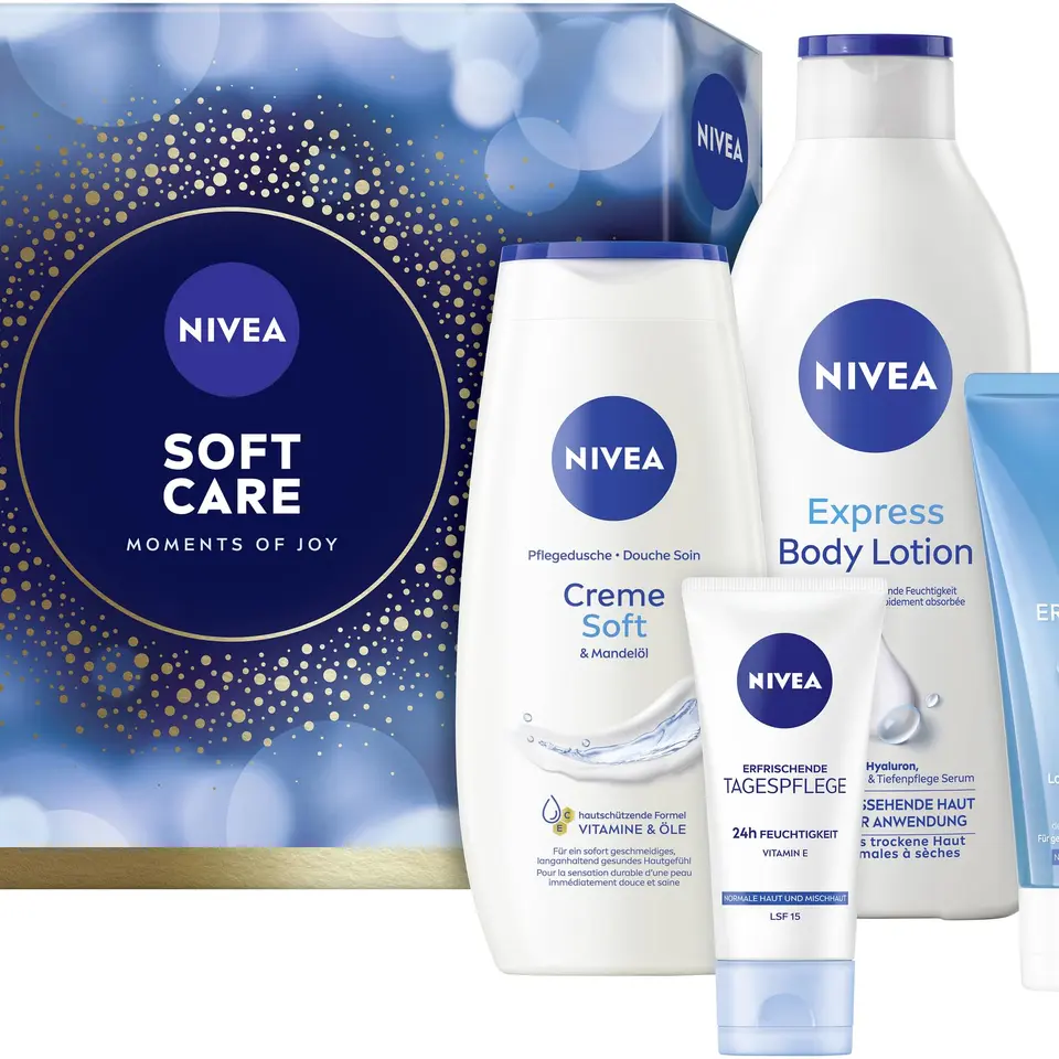 NIVEA Soft Care Geschenkset - Für Frauen mit Duschgel (250 ml), Body Lotion (400 ml), Tagespflege (50 ml) & Waschgel (150 ml)