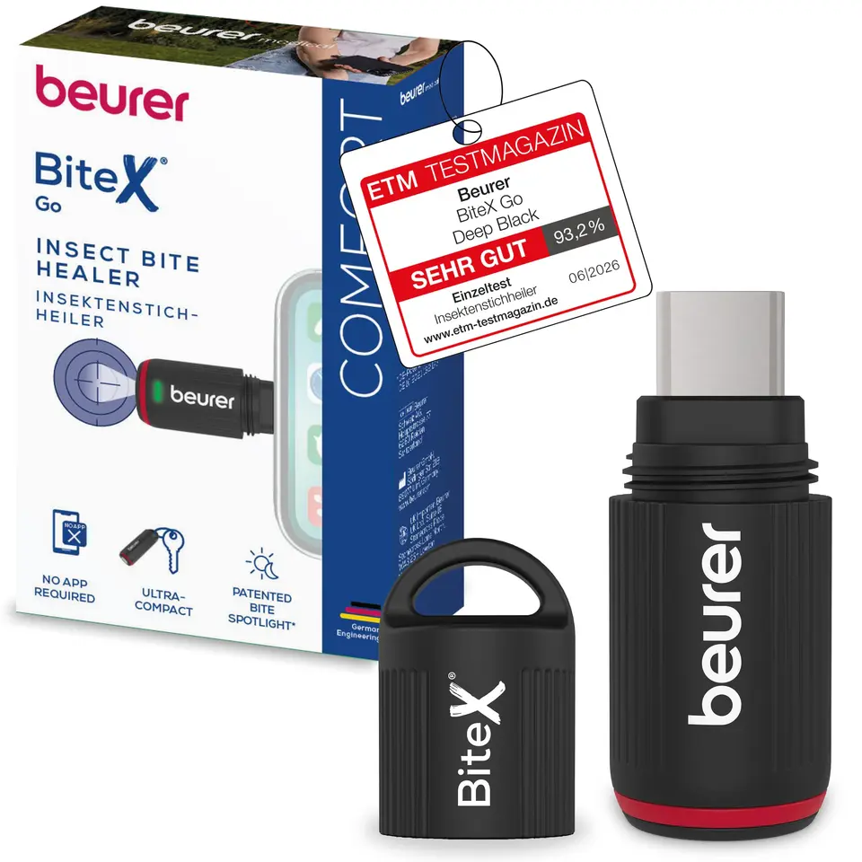 Beurer BiteX Go Deep Black Insektenstichheiler für Smartphone, gegen Juckreiz & Schwellungen, inkl. Licht