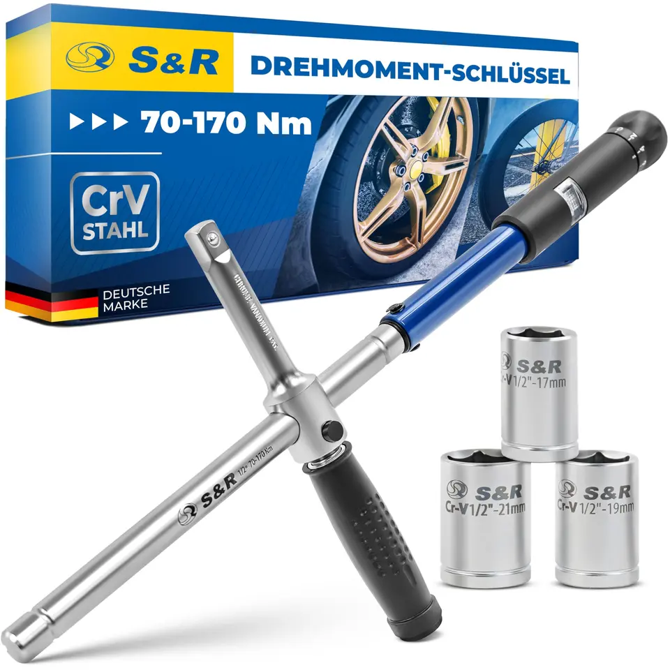 S&R Kreuz Drehmomentschlüssel 70-170 Nm Set 1/2 Zoll mit verstellbarem Griff, 3 Stecknüsse (17mm, 19mm, 21mm), aus CrV-Stahl, im Koffer