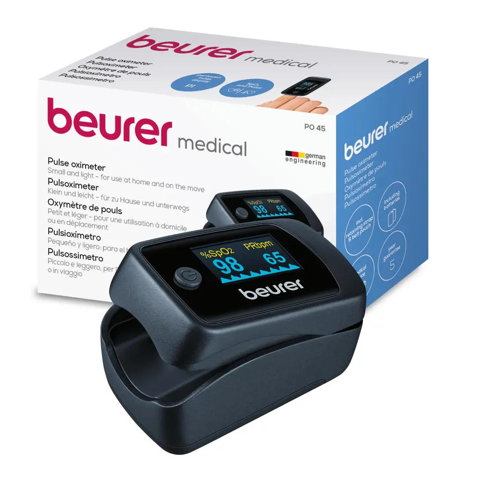 Beurer PO 45 Pulsoximeter – Sauerstoffsättigung, Herzfrequenz & Perfusionsindex, schmerzfrei, Farbdisplay, 1 Stück
