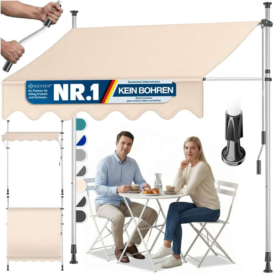 KESSER® Klemmmarkise mit Handkurbel, 150cm, ohne Bohren, UV-beständig, höhenverstellbar, wasserabweisend, Sonnenschutz für Balkon, Terrasse & Garten