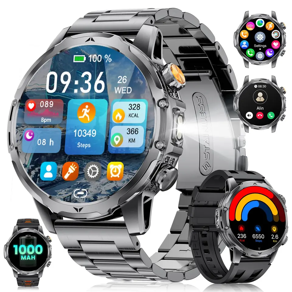 Smartwatch Herren, 1,53" HD Touchscreen, IP68 wasserdicht, 24H Herzfrequenz, 110 Sportmodi, Taschenlampe, Schwarz-Orange