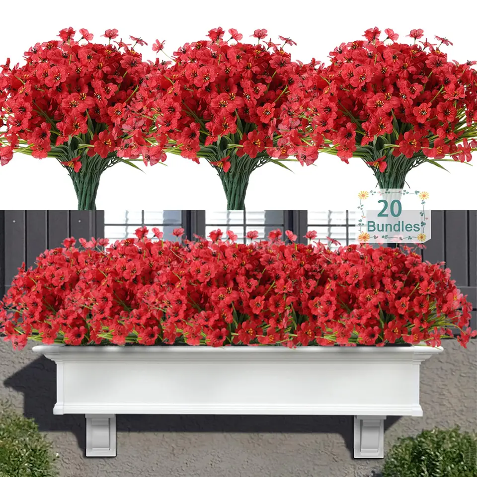 Satefello Künstliche Blumen für den Außenbereich, UV-beständig, grüne Sträucher für Garten, Veranda und drinnen, Pflanzgefäß, Gartendekoration (rot)
